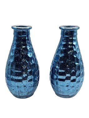 Retro Blue Pebble Grain Textured Mercury Glass Bud Vases Reflective Set Of 2
